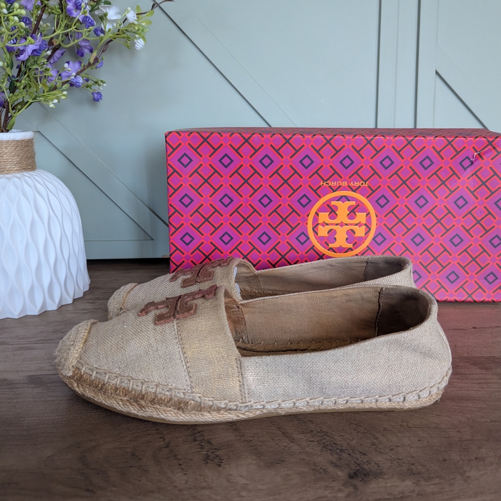 Tory Burch Beige Canvas Espadrille Flats with Logo - Picture 3 of 13